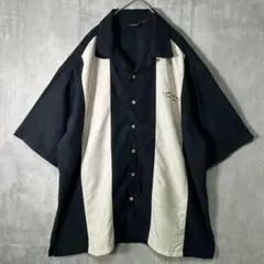 レーヨン 刺繍ロゴ キューバシャツ 黒 オープンカラー 木ボタン ヤシの木