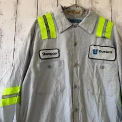 US古着 CINTAS シンタス 反射ストライプ グレーワークシャツL 企業ロゴ