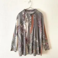 ☆【ボニータ】カットソー 総柄 バンドカラー ハーフボタン 長袖 M-L