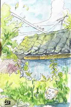 手描きの水彩画　原画　猫と建物　ポストカードサイズ　フレーム付き