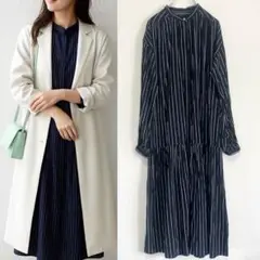 シップスエニィ　ロウ ギャザー ロング スリーブ ストライプ ワンピース