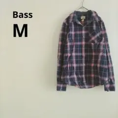 海外古着 Bass バス ネイビー チェックシャツ 長袖 M コットン 前開き