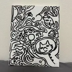 猫と宇宙の手描き抽象画　A4サイズ