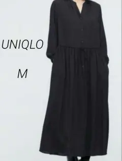 UNIQLO　ドローストリングロングワンピース　ブラック　M　ジョーゼット素材