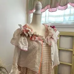 古着リメイク　アンティーク着物　フリル　ショート丈　シアーシャツ　ブラウス　古着