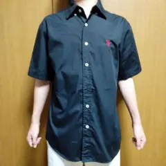 ポロマーク刺繍 半袖シャツ 黒　M