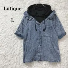 Lutique 半袖シャツ 重ね着風 デニム フード レディース L