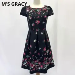 【極美品】 エムズグレイシー ワンピース 花柄 パフスリーブ ひざ丈 38 M