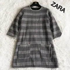 12 ZARA ザラ チェック柄 ひざ丈 フレアワンピース Aライン