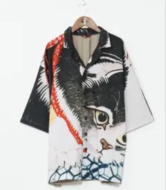 倭物やカヤ公式店 [獣面相メンズシャツ] 和柄 和モダン 小原古邨　猫と金魚