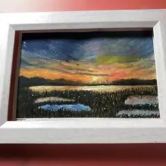 沼地の奥に広がる夕日　水彩画　絵手紙　原画