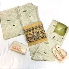 【1196】着物 小紋 袷 正絹 単品販売♪ 緑 生成