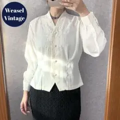 ヴィンテージ レトロ古着 クラシカル刺繍ノーカラーブラウス 白 くるみボタン