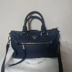 希少 PRADA 2way レザー ネイビー ハンドバッグ ショルダーバッグ