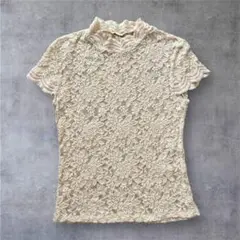 【ZARA】総レース 半袖ハイネックトップス／ピーチベージュ（Sサイズ相当）