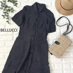 ヴィンテージ♪BELLUCCI♪ネイビー　ドット柄♪半袖　シャツワンピース M