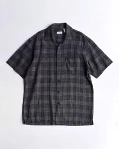 90s VAN HEUSEN リネンレーヨン チェック 半袖シャツ 黒グレー M