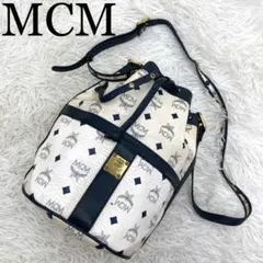 MCM エムシーエム 巾着 ショルダーバッグ 総柄 ホワイト レザー 斜め掛け