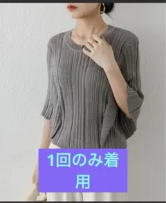 ラメ入りフレア袖　クルーネックリブニットトップス