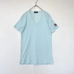 エドウィン　半袖Tシャツ　Vネック　メッシュ　ロゴ　綿混　ライトブルー　M