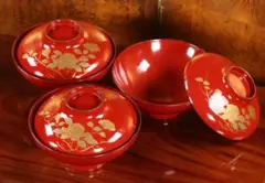 CBK64 時代漆器輪島塗牡丹文朱塗金蒔絵吸物椀三客 高盛木製茶懐石煮物薔薇本金
