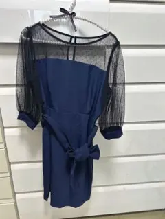 ネイビー シースルーパフスリーブドレス 2L