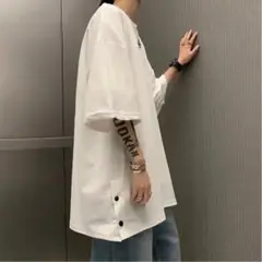 メンズサイドボタン半袖Tシャツ　3XLサイズ 白ホワイト　オーバーサイズ