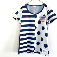 le coq sportif ストライプ ドット Tシャツ 青 L Uネック