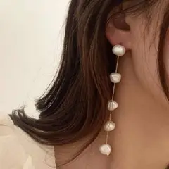 パール ロング ピアス バロックパール 5連 揺れる 大人女子 可愛い 韓国