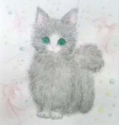手描きイラスト　ねこと金魚　水彩画　オリジナル
