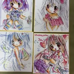 手描きイラスト。小色紙。困った表情の女の子４枚セット