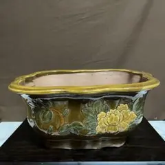 盆栽鉢 中国鉢 支那鉢 中国古鉢 植木鉢 観葉植物 山野草 花浮彫 大深鉢
