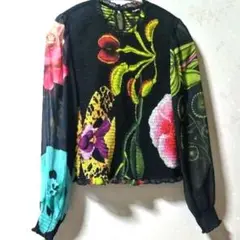 デシグアル Desigual. 花柄ギャザー長袖ブラウス　M