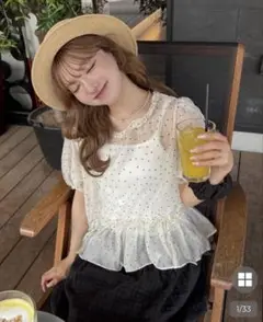 ドットシースルーペプラムブラウス＆キャミセット