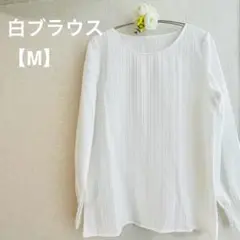 M 丸首　シンプル　白ブラウス　長袖　ストライプ　美品　　Ａ25