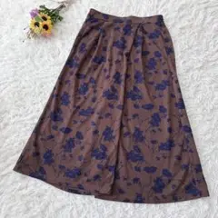 クールシュクレ　花柄ガウチョパンツ　ワイドパンツ　マキシ丈　ブラウン・ネイビーＬ