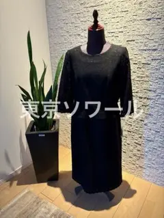 【新品】東京ソワールレース素材 ブラックドレス 7分袖 タグ付き