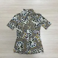 昭和 レトロ 花柄 シャツ ブラウス 茶 注:タグMですが小さめです
