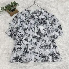 GRL【M】花柄 ボウタイブラウス 五分袖 モノトーン 上品 春夏 リボン