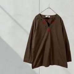 T379【ABONNIR】刺繍カットソー　プルオーバー　スキッパー　長袖　茶色