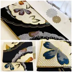 西陣織 全通柄 正絹 桜の花びら刺繍 袋帯 黒地
