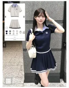 ポロニットトップス×プリーツミニスカートセットアップ[kz678] グレイル