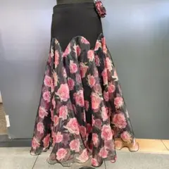 【未使用品】社交ダンス用豪華なフレアスカート 黒×ピンク花柄オーガンジー