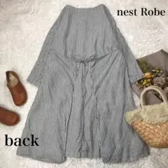 ネストローブ リネンワンピース エプロンワンピ ストライプ ネイビー フリー