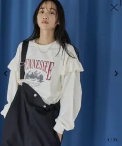 coen コーエン　スーベニアプリント　フリルロングスリーブTシャツ