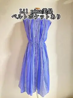 Lil ninaノースリーブ ロングワンピースストライプポケットベルト付き