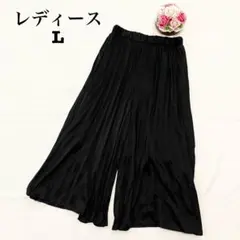 レディース　プリーツワイドパンツ　Lサイズ　ブラック　黒　ウエストゴム　ガウチョ