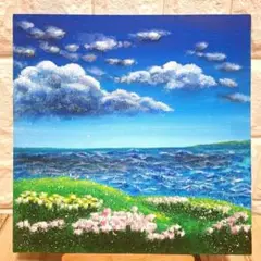 風景画 崖の花畑と青い空 24cmx24cm 張りキャンバス　手描き　アクリル画