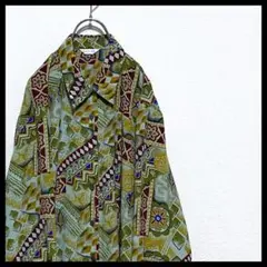 90s DE レディース レトロ 古着 総柄 長袖 柄シャツ ポリシャツ