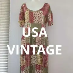 USA VINTAGE アメリカ製パッチワーク風ロングワンピース希少バックリボン